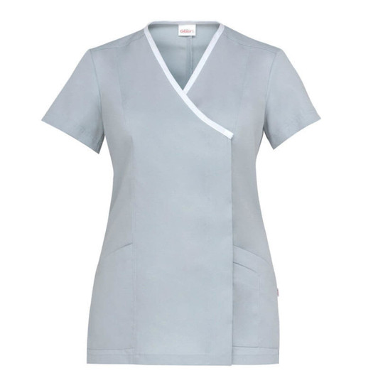 A grey tunic with short sleeves and a wrap design, featuring white trim and pockets. Includes a logo.