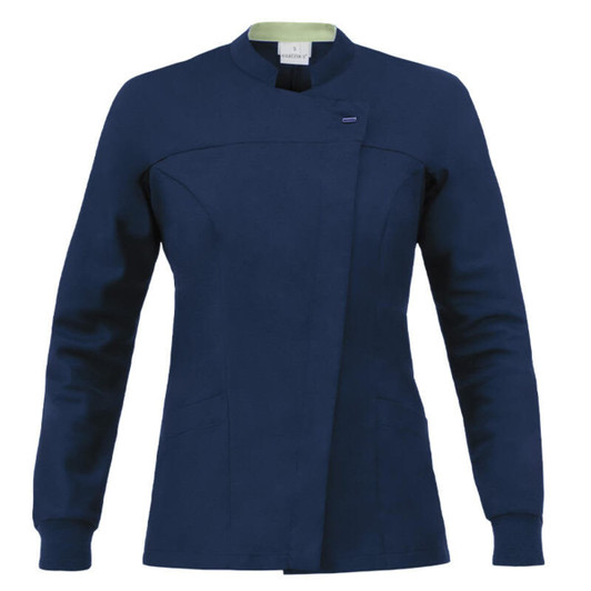 A navy long sleeve tunic with a unique front design and a small logo on it.