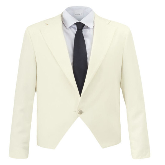 A white waist jacket with a collar, paired with a light grey shirt and a black tie. The jacket features a single button.