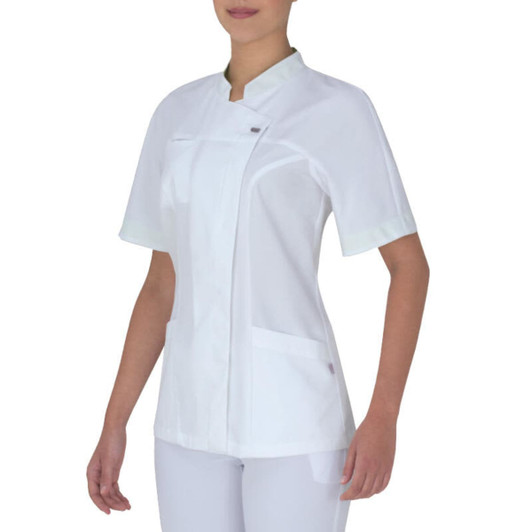 A short sleeve tunic in white with a stylish design and front pockets, featuring a logo.