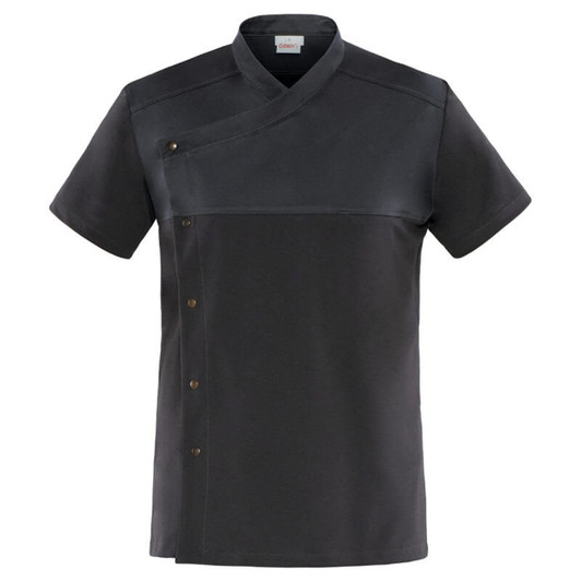 A black tunic with short sleeves and a wrap design featuring decorative buttons and a logo.
