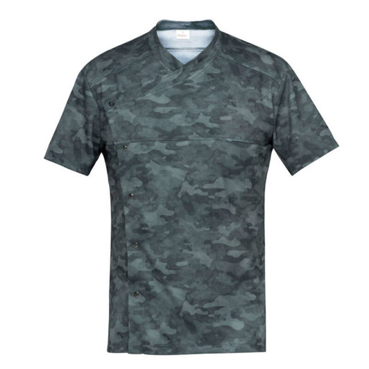 A camouflaged tunic in shades of grey and green, featuring a simple V-neck design and button detailing.