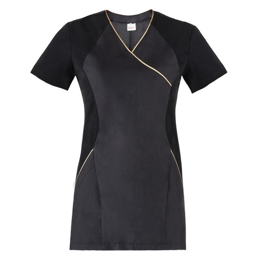 A black tunic featuring a stylish design with contrasting panels and gold piping. It has short sleeves and a logo.