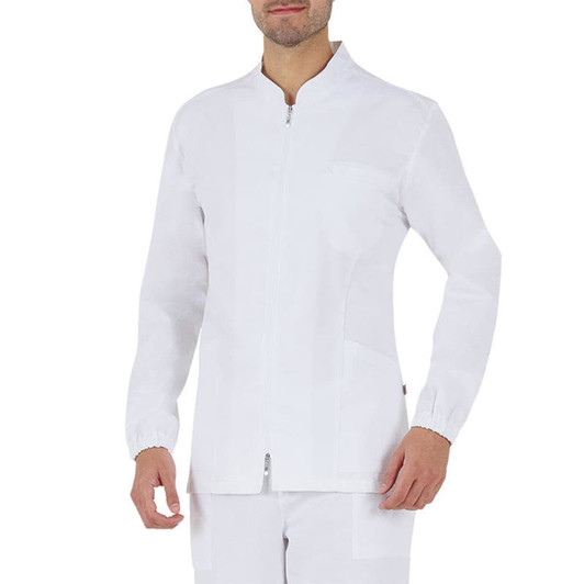 A white tunic with a zip front, long sleeves, and elastic cuffs, worn by a person standing upright.