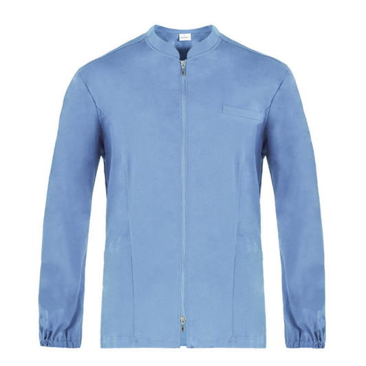 A blue tunic with a zip front, long sleeves, and a chest pocket. It has a simple, minimalist design.