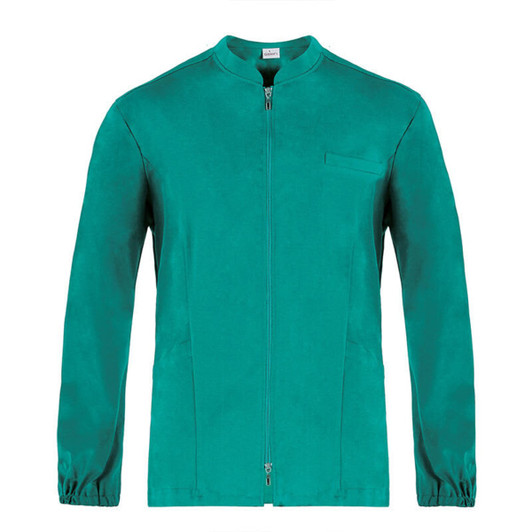 A turquoise tunic with a zip front and a chest pocket, featuring long sleeves and a simple design.