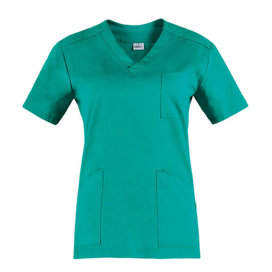 A teal tunic top with a v-neck, short sleeves, and two front pockets. It features a brand logo.