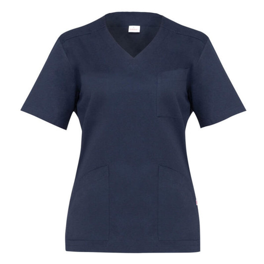 A navy blue tunic with a V-neck, short sleeves, and front pockets, featuring a small logo.