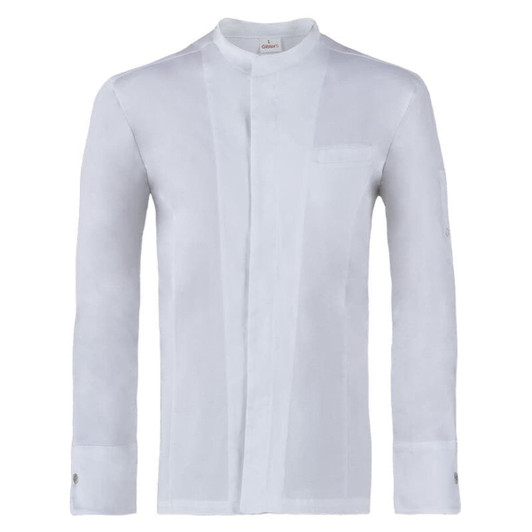 A white long-sleeve jacket with a stand collar and button cuffs, featuring a pocket on the left side.