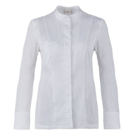 A white jacket with a mandarin collar and long sleeves, featuring a chest pocket and a logo.