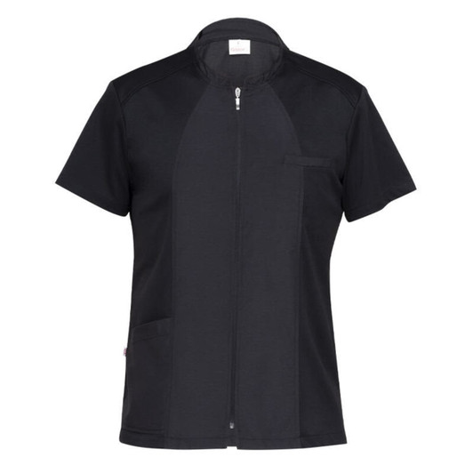 A black tunic featuring a zip front, short sleeves, and a pocket. The design has a logo on it.