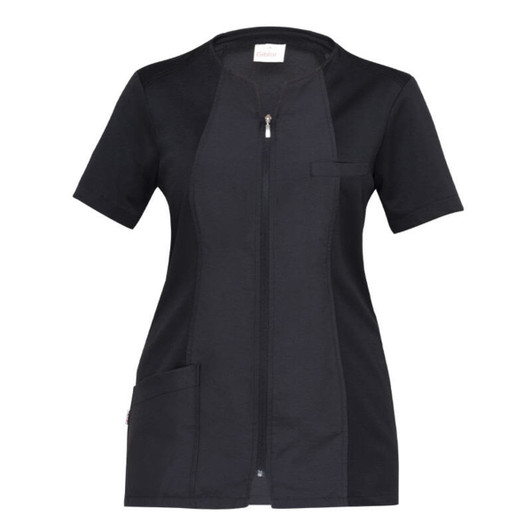 A black tunic with short sleeves, a zip front, and a pocket on the left side. It features branding on the label.