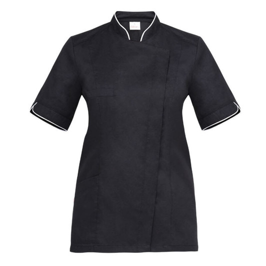 A black chef tunic with short sleeves, featuring a stylish wrap design and contrasting trim. It includes a front pocket and branding.