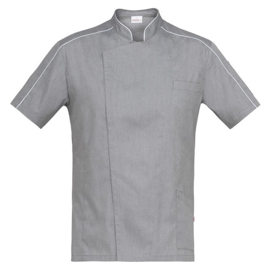 A grey chef tunic with a short sleeve, featuring a pocket and light grey piping along the collar. It has a logo.
