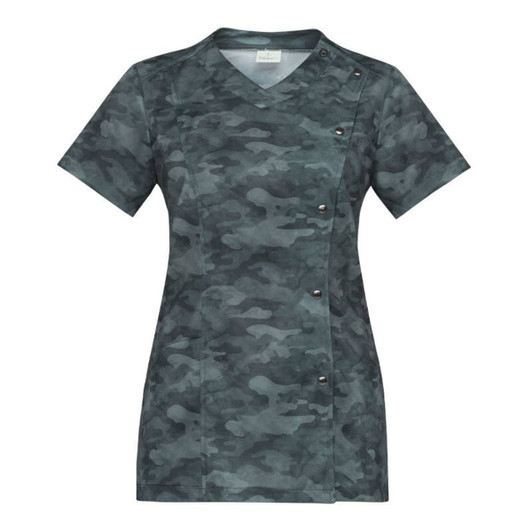 A short-sleeved tunic featuring a green camouflage pattern, with a V-neck and button detailing on the side.