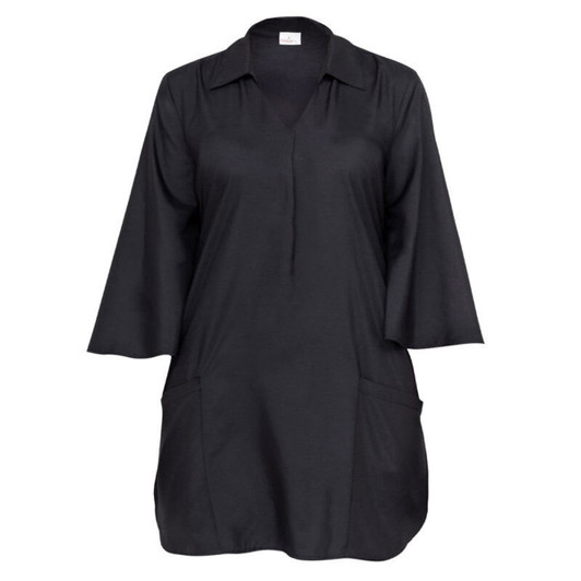 A black kimono-style top with a collar, three-quarter sleeves, and front pockets. It features a logos.