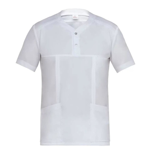 A short-sleeved, white Connor Jacket featuring a buttoned neck and two front pockets, with a logo displayed.