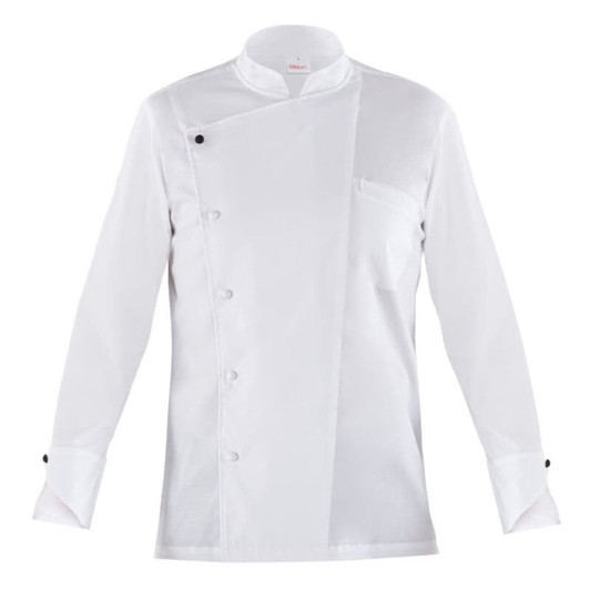 A white chef jacket featuring a double-breasted design and a single breast pocket, with black buttons.
