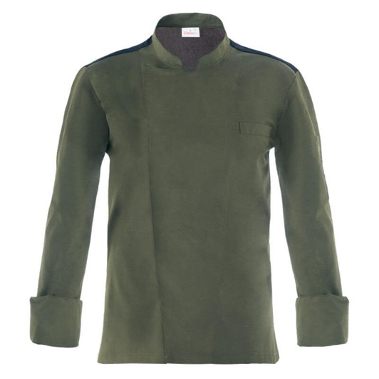 A dark green chef jacket featuring a mandarin collar and a single pocket on the left side.
