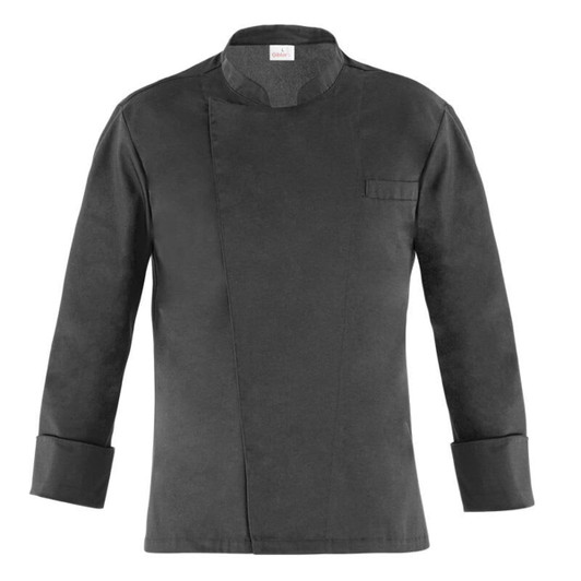 A black chef jacket with a mandarin collar and long sleeves, featuring a breast pocket and a logo.