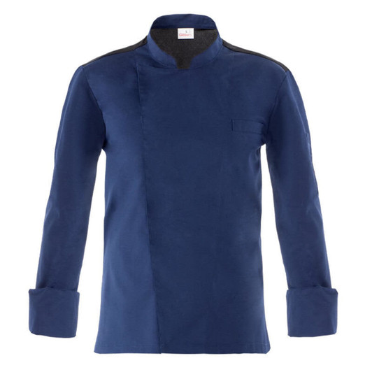 A navy blue chef jacket featuring long sleeves and a stand-up collar, with a patch pocket on the front and a logo.