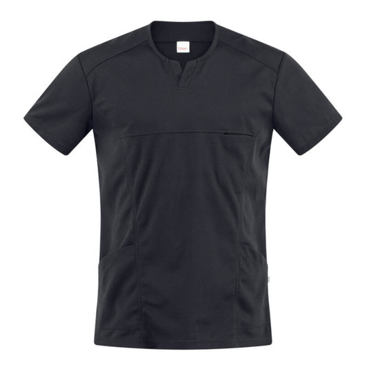 A black Eros Tunic with a front pocket and short sleeves, featuring a logo.