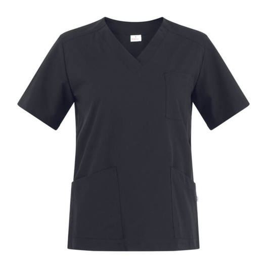 A black Sonia Tunic featuring a V-neck, short sleeves, and multiple pockets. It has a branding logo.