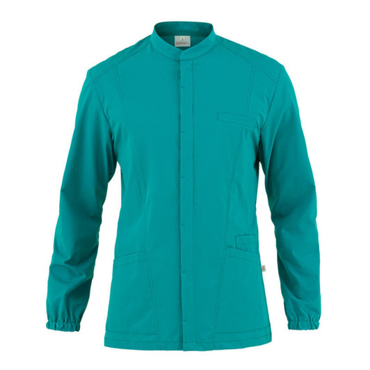 A turquoise tunic jacket with long sleeves and a collar, featuring pockets and a logo.