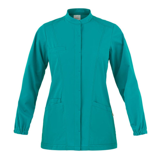 A teal Lia Tunic Jacket with long sleeves, a stand-up collar, and two front pockets. It has a logo on it.