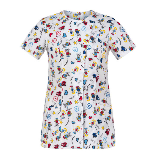 A short-sleeved tunic featuring a playful pattern of colourful characters and designs on a white background.