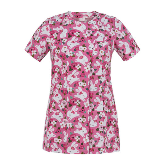 A pink tunic featuring a playful pattern of rabbits and flowers, with a side panel and short sleeves.
