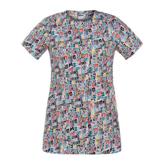 A tunic featuring a multicoloured, abstract letter print design, short sleeves, and a round neckline.
