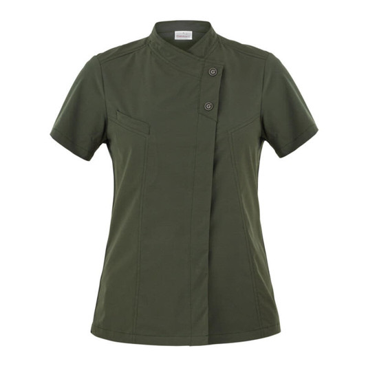 A green Megan Tunic featuring a collared design, short sleeves, and two buttons at the front. The product has branding.