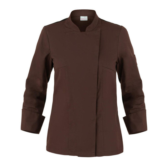 A brown jacket with a modern cut, featuring a stand-up collar and long sleeves, with a logo on the sleeve.