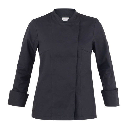 A black Agata Jacket featuring a clean design and long sleeves with rolled cuffs. It also has a logo.