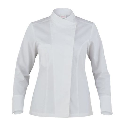 A white women's chef jacket with a modern design and long sleeves, featuring a branded logo.