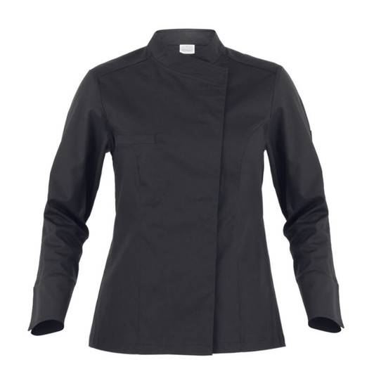 A black chef's jacket with a mandarin collar and long sleeves, featuring a front closure and a pocket.