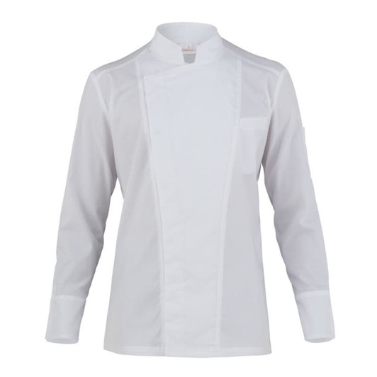 A white chef jacket featuring long sleeves and a mandarin collar, with a pocket on the front.