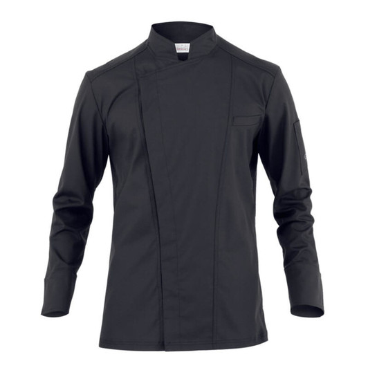 A black chef jacket with long sleeves and a mandarin collar. It features a chest pocket and has a logo on the sleeve.