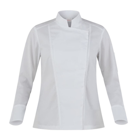 A white chef jacket with a mandarin collar and long sleeves, featuring a logo on the arm.