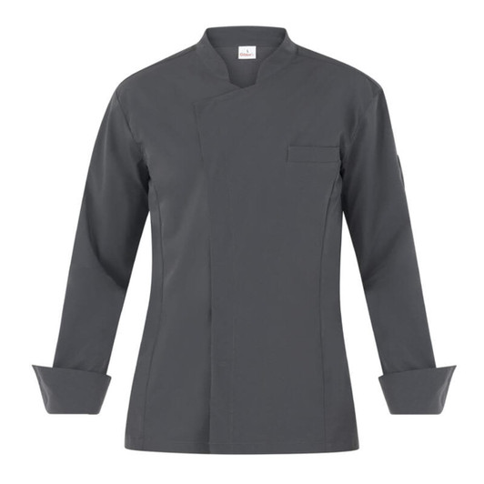 A grey chef's jacket with long sleeves and a stylish design, featuring a chest pocket and a logo.