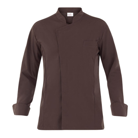 A brown chef's jacket featuring a modern design and a single chest pocket, with a branding logo.