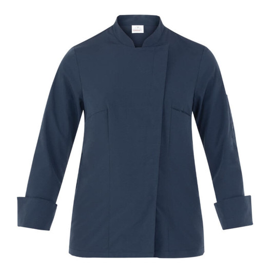 A navy blue jacket with a mandarin collar and long sleeves, featuring a front closure and two side pockets.