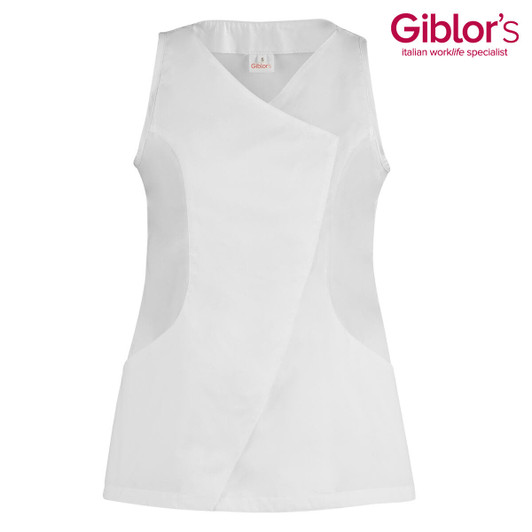 A white Sara Tunic with a crossover design and side pockets, featuring a logo in the top corner.