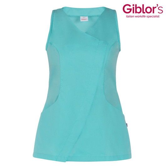 A turquoise sleeveless tunic with a wrap design and pockets, featuring a logo.