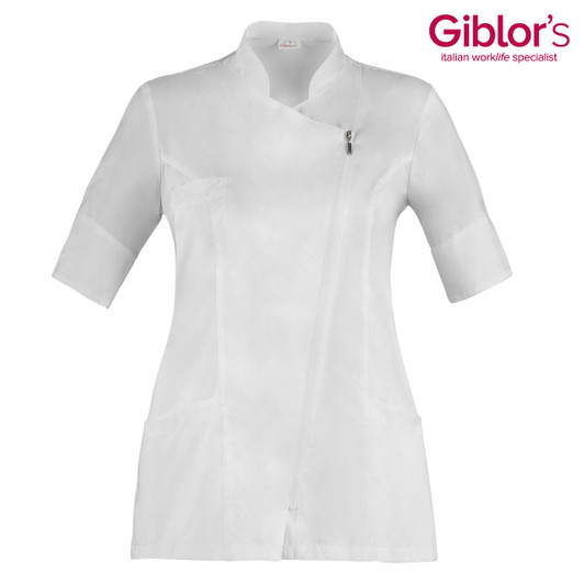 A white tunic with short sleeves and a zip closure, featuring pockets and a logo.