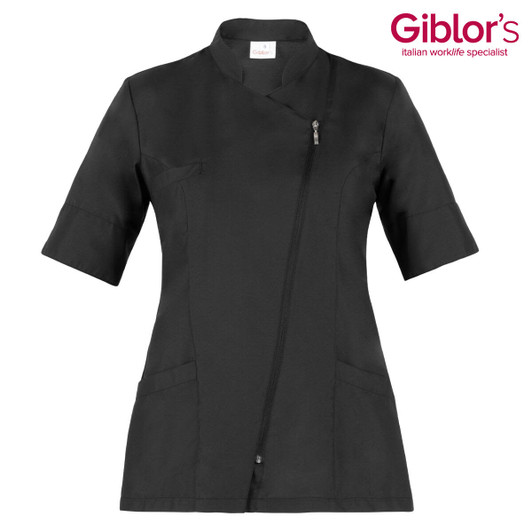 A black Carmen Tunic featuring short sleeves, a zip closure, and two pockets. Includes a logo in the corner.