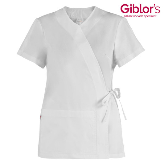 A white kimono-style top with a wrap design, tie waist, and a front pocket, featuring a logo.