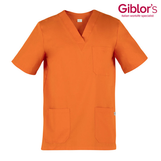 An orange tunic with short sleeves and a pocket, featuring a logo on the upper right.