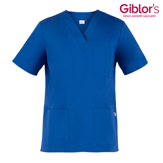 A blue tunic with a V-neck design and front pockets, featuring a logo in the top right corner.